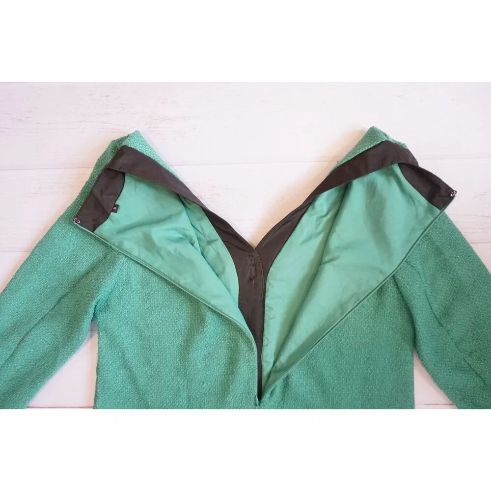 Elegant Green Tweed Blazer Dress w/ Black Trim & Gold Buttons - Size S - Picture 6 of 7